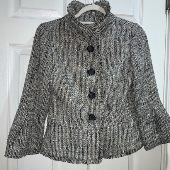 Madison wool blend tweed button front jacket Sz 2P fringe trim bell cuffs - Picture 2 of 8
